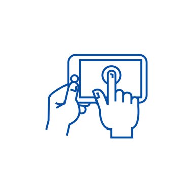 Tablet satırı simgesi kavramı dokunmadan eller. Tablet düz vektör simgesi, işareti, dokunmadan eller illüstrasyon anahat.