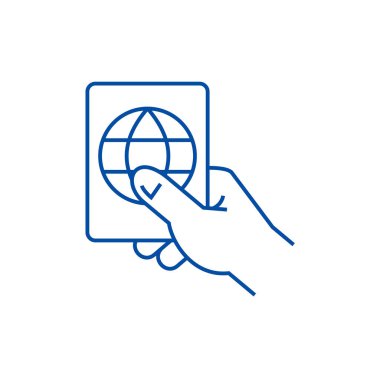 Pasaport satırı simgesi kavramı tutan el. El tutarak pasaport düz vektör simgesi, işaret, anahat illüstrasyon.