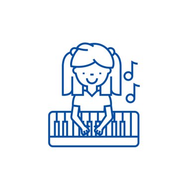 Kız piyano satırı simgesi kavramı üzerinde oynama. Kız oynamaktan piyano düz vektör simgesi, işaret, anahat illüstrasyon.