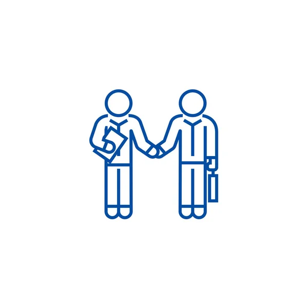 Hand skaka affärsmän, avtalet linje ikon konceptet. Hand som skakar affärsmän, avtalet platt vektor symbol, underteckna, disposition illustration. — Stock vektor
