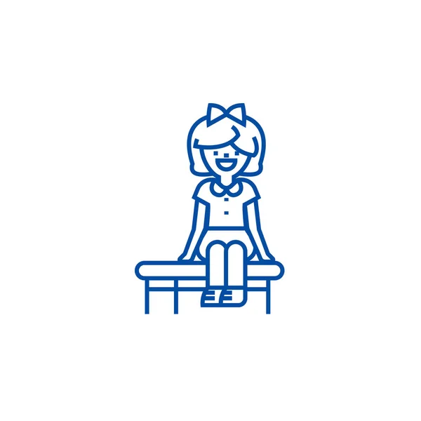 Chica sentada en el icono de la línea de banca concepto. Chica sentada en el banco símbolo de vector plano, signo, esbozo ilustración . — Vector de stock