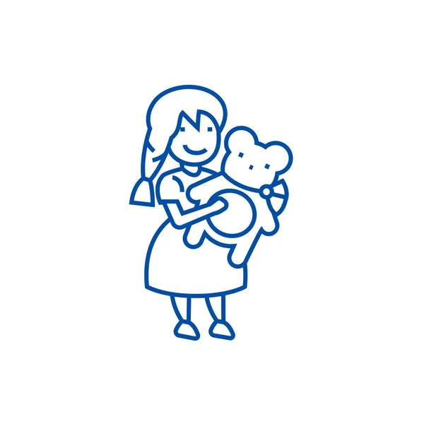 Девушка с иконкой медвежонка. Девушка с плюшевым мишкой с плоским векторным символом, знак, набросок иллюстрации . — стоковый вектор