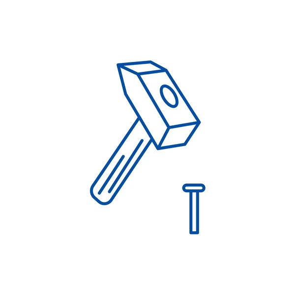 Martello con concetto icona linea di spillo. Martello con pin simbolo vettoriale piatto, segno, illustrazione contorno . — Vettoriale Stock
