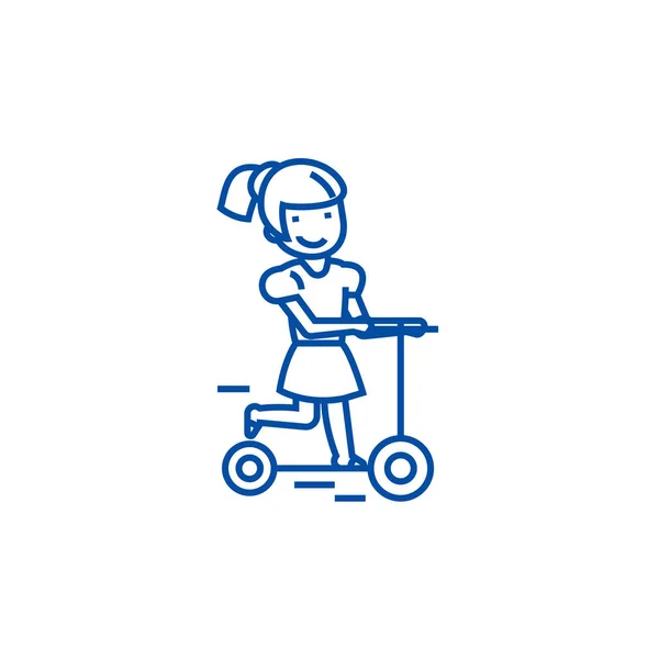 Fille sur une icône de ligne de scooter concept. Fille sur un scooter vecteur plat symbole, signe, illustration de contour . — Image vectorielle