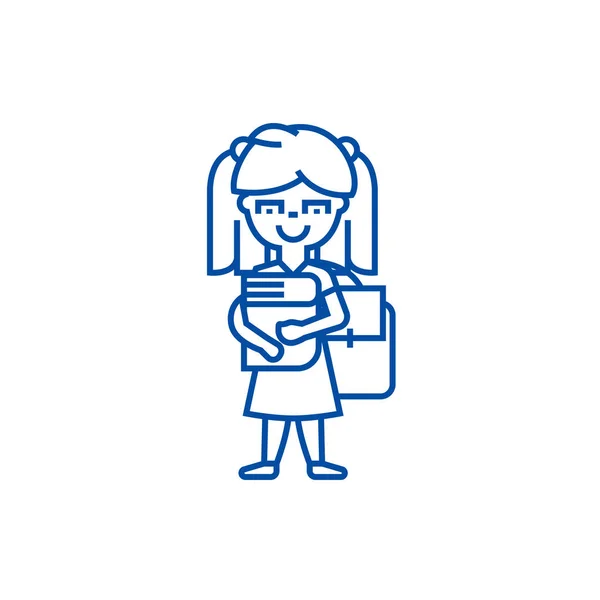 Chica en la escuela con el libro y la mochila concepto de icono de línea. Chica en la escuela con libro y mochila símbolo de vector plano, signo, esbozo ilustración . — Vector de stock