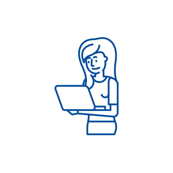 Dziewczyna z laptopa linii ikona koncepcja. Dziewczyna z laptopa płaskie wektor symbol, znak, ilustracja kontur. — Wektor stockowy