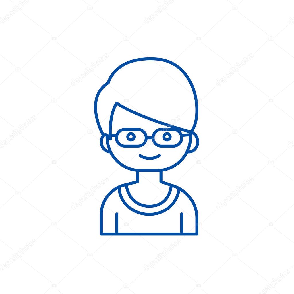 Geek boy with glasses line icon concept. Geek boy with glasses flat  vector symbol, sign, outline illustration.