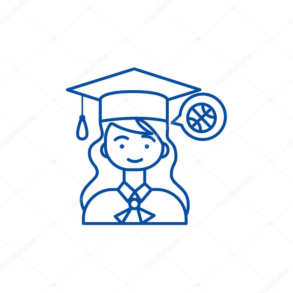 Graduation girl line icon concept. Graduation girl flat  vector symbol, sign, outline illustration.