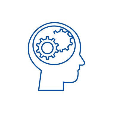 Gears'ı satır simgesi konsepti ile insan kafası. Vites düz vektör simgesi, işaret, anahat illüstrasyon insan kafası.