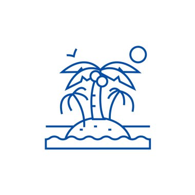 Island palms satırı simgesi konsepti ile. Avuç içi düz vektör simgesi, işaret, anahat illüstrasyon ile ada.