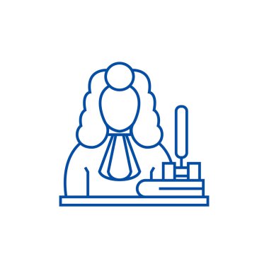 Yargıç, tokmak satırı simgesi kavramı. Yargıç, tokmak düz vektör simgesi, işaret, anahat illüstrasyon.