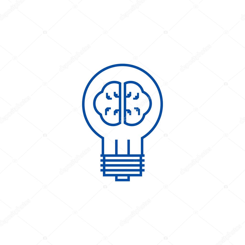 Idea lamp with brain line icon concept. Idea lamp with brain flat  vector symbol, sign, outline illustration.