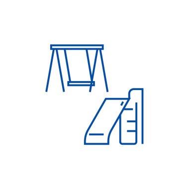 Çocuklar kaydırak ve salıncak simgesi kavramı satır. Çocuk slayt ve salıncak düz vektör simgesi, işaret, anahat illüstrasyon.