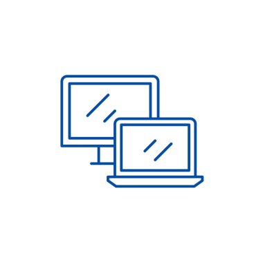 Bilgisayar ve laptop satırı simgesi kavramı. Bilgisayar ve dizüstü bilgisayar düz vektör simgesi, işaret, resim anahat.
