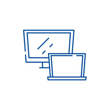 Bilgisayar monitörü satırı simgesi kavramı. Bilgisayar monitörü düz vektör simgesi, işaret, anahat illüstrasyon.