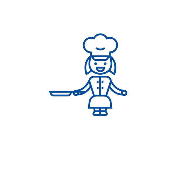 Chef cucina concetto icona linea di carne. Cuoco cottura carne piatto vettore simbolo, segno, illustrazione contorno . — Vettoriale Stock