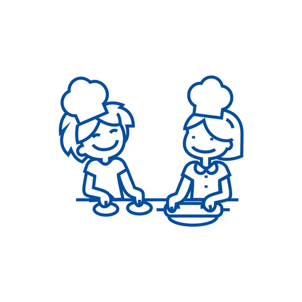 Crianças cozinhar conceito ícone de linha. Crianças cozinhar símbolo vetorial plana, sinal, ilustração esboço . — Vetor de Stock