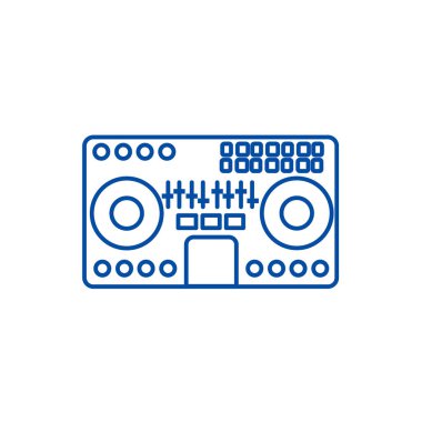 Dj mikser, karıştırma müzik, parti, techno satırı simgesi kavramı. Dj mikser, karıştırma müzik, parti, techno düz vektör simgesi, işaret, anahat illüstrasyon.