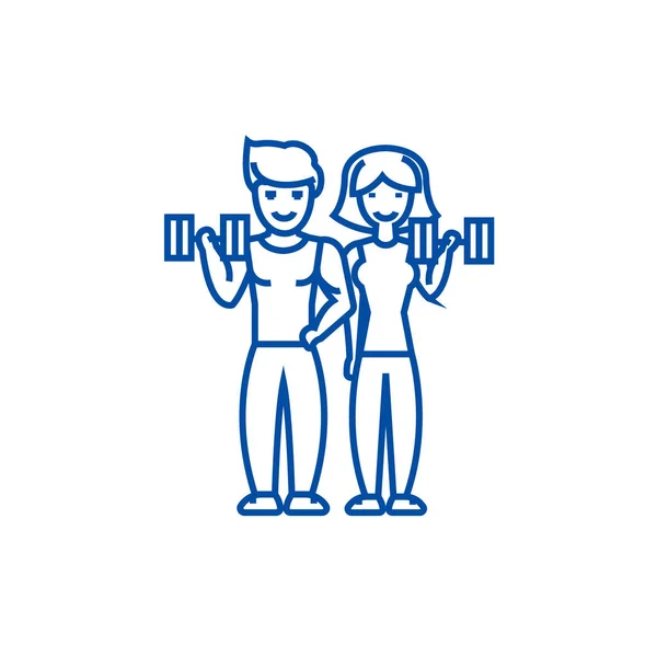 Pareja en gimnasio concepto de línea icono de fitness. Pareja en gimnasio gimnasio plano vector símbolo, signo, esquema ilustración . — Vector de stock