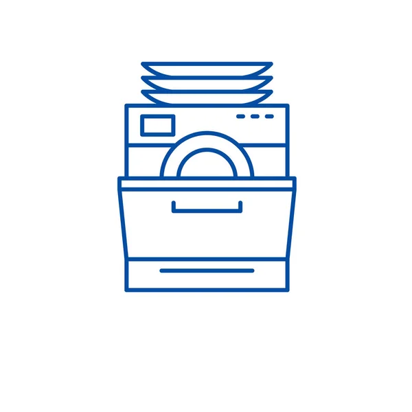 Conceito de ícone de linha de lavadora de pratos. Máquina de lavar louça símbolo vetorial plana, sinal, ilustração esboço . — Vetor de Stock