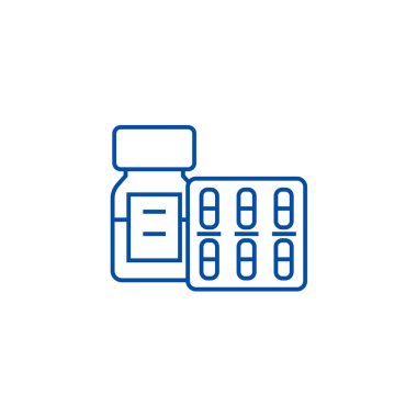 Hapları ve tabletler ve şişe satırı simgesi kavramı. Hapları ve tabletler ve şişe düz vektör simgesi, işareti, illüstrasyon anahat.