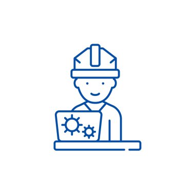 Üretim mühendisi satırı simgesi kavramı. Üretim mühendisi düz vektör simgesi, işaret, anahat illüstrasyon.