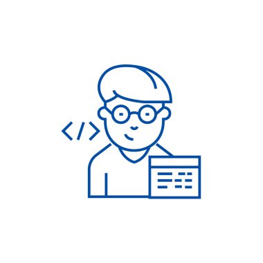 Programcı satır simgesi kavramı. Programcı düz vektör simgesi, işaret, anahat illüstrasyon.