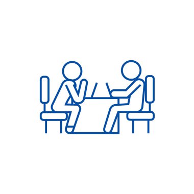 Psikolog ve hasta satırı simgesi kavramı. Psikolog ve hasta düz vektör simgesi, işaret, resim anahat.