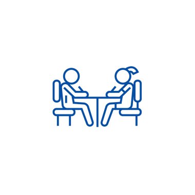 Danışma hattı simgesi kavramı, okulda öğrenci. Resepsiyon düz vektör simgesi, işaret, anahat illüstrasyon, okulda öğrenci.