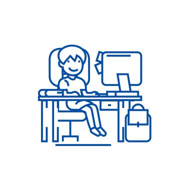 Liseli kız ile bilgisayar, satır simgesi kavramı masada. Liseli kız bilgisayar, düz vektör simgesi, işaret, anahat illüstrasyon tablo.