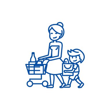 Alışveriş bakkal, anne oğlu satırı simgesi konsepti ile. Alışveriş bakkal, anne ile oğlu düz vektör simgesi, işaret, anahat illüstrasyon.