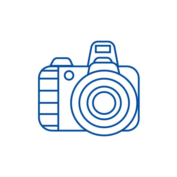 Conceito de ícone de linha de câmera de foto profissional. Foto profissional câmera plana vetor símbolo, sinal, ilustração esboço . —  Vetores de Stock