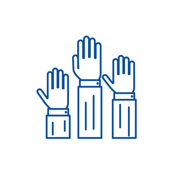 Derechos, tres manos arriba concepto de icono de línea. Derechos, tres manos arriba símbolo de vector plano, signo, esquema ilustración . — Vector de stock