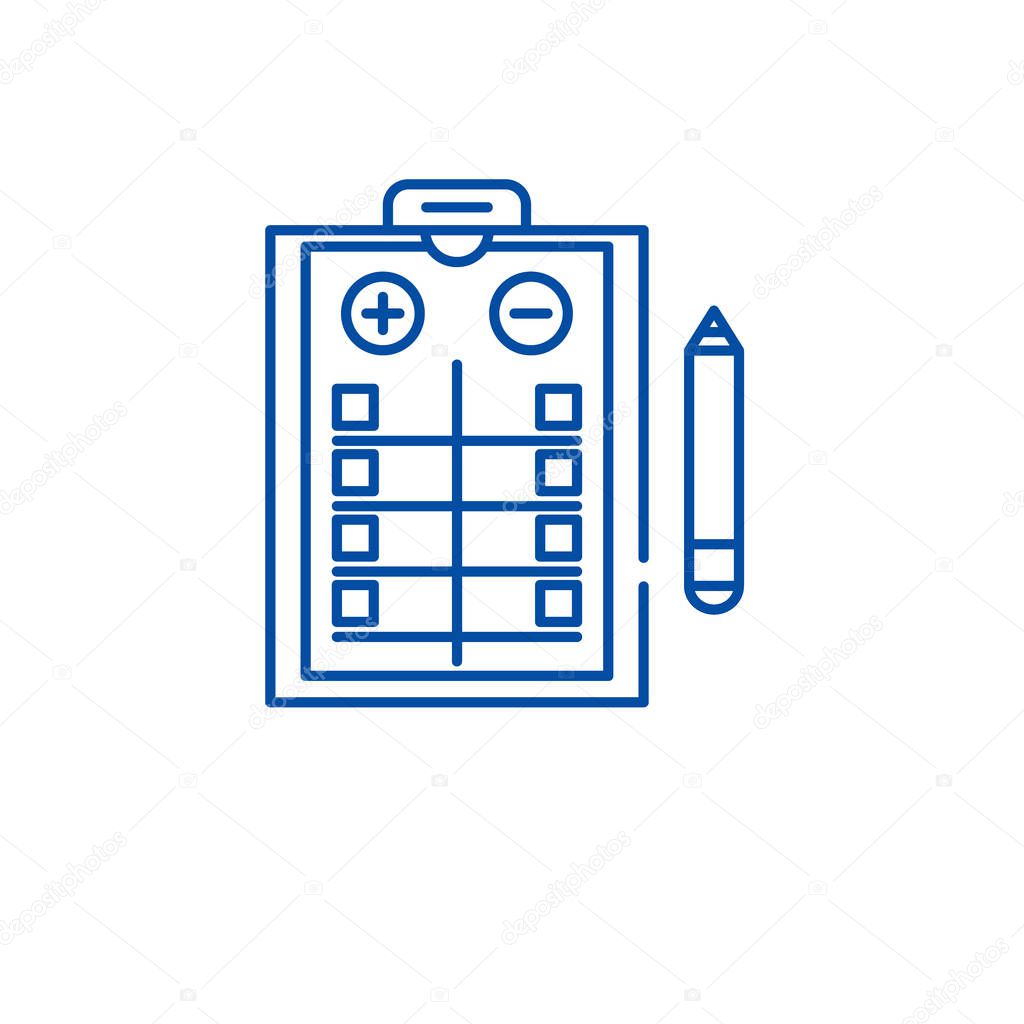 Pros and cons list line icon concept. Pros and cons list flat  vector symbol, sign, outline illustration.