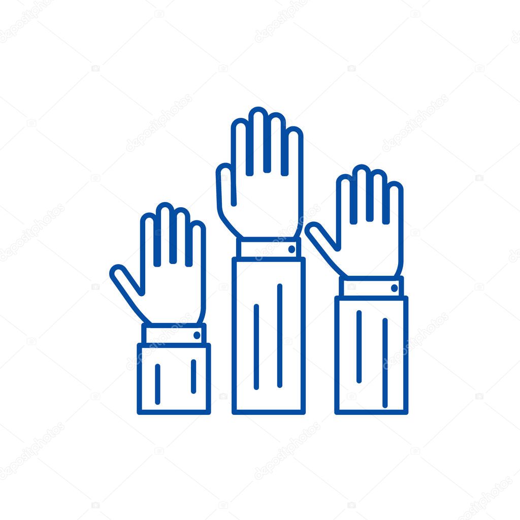 Rights,three hands up  line icon concept. Rights,three hands up  flat  vector symbol, sign, outline illustration.