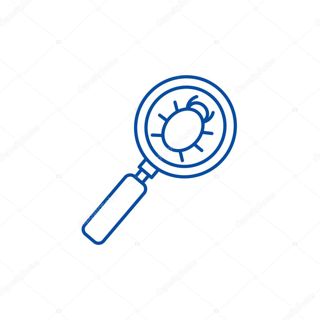Searching bug line icon concept. Searching bug flat  vector symbol, sign, outline illustration.