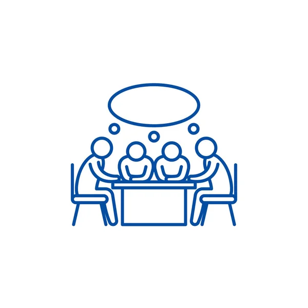 Concetto icona della linea di riunione delle piccole imprese. Simbolo vettoriale piatto di riunione di piccola impresa, segno, illustrazione del profilo . — Vettoriale Stock