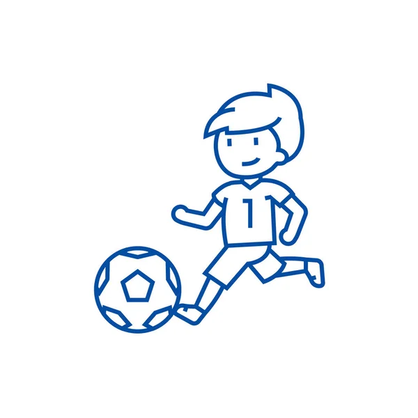 Fútbol, chico jugando concepto de icono de la línea de fútbol. Fútbol, niño jugando fútbol plano vector símbolo, signo, esquema ilustración . — Vector de stock