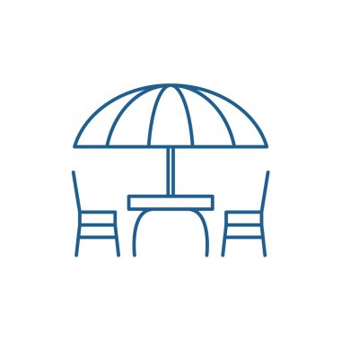 Beach masa ve sandalyeler satırı simgesi kavramı. Beach masa ve sandalyeler düz vektör simgesi, işaret, anahat illüstrasyon.