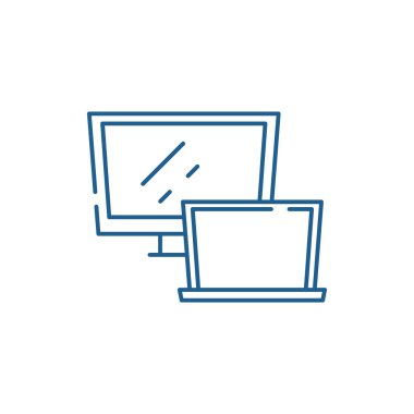 Bilgisayar monitörü satırı simgesi kavramı. Bilgisayar monitörü düz vektör simgesi, işaret, anahat illüstrasyon.