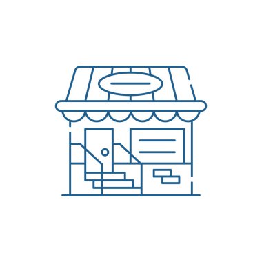 Küçük bir dükkanda satırı simgesi kavramı. Küçük bir dükkanda düz vektör simgesi, işaret, anahat illüstrasyon.