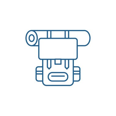 Turist sırt çantası satırı simgesi kavramı. Turist sırt çantası düz vektör simgesi, işaret, anahat illüstrasyon.