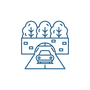 Araba satırı simgesi kavramı ile seyahat. Seyahat araba düz vektör simgesi, işaret, anahat illüstrasyon.