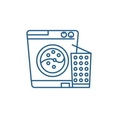 Çamaşır makinesi satırı simgesi kavramı. Çamaşır makinesi düz vektör simgesi, işaret, anahat illüstrasyon.