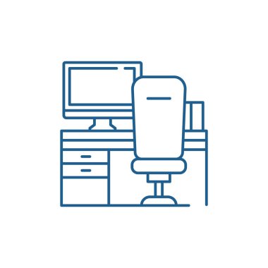 İşyeri bilgisayar ve sandalye satırı simgesi konsepti ile. Çalışma alanı ile bilgisayar ve sandalye düz vektör simgesi, işaret, anahat illüstrasyon.