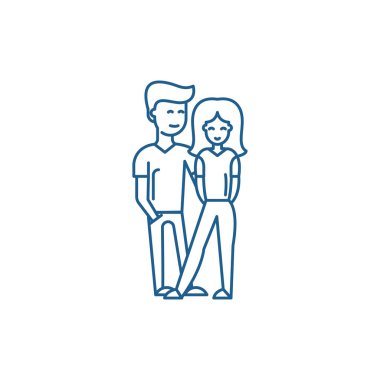 Genç mutlu çift hat simgesi kavramı. Genç mutlu çift düz vektör simgesi, işaret, anahat illüstrasyon.