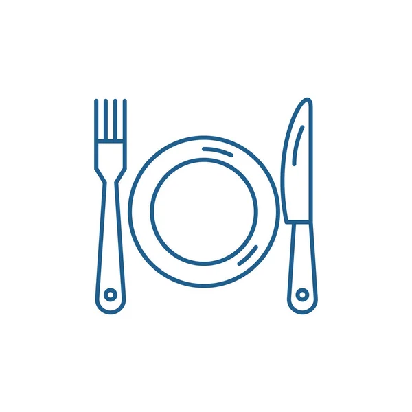 접시, 포크 및 칼 선 아이콘 개념입니다. 접시, 포크와 나이프 평면 벡터 기호, 기호, 개요 그림. — 스톡 벡터