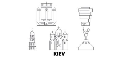 Ukrayna, Kiev hat seyahat silüeti seti. Ukrayna, Kiev anahat şehir vektör illüstrasyon, sembol, seyahat sights, Simgesel yapılar.