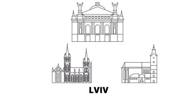 Ukrayna, Lviv hat seyahat silüeti seti. Ukrayna, Lviv anahat şehir vektör illüstrasyon, sembol, seyahat sights, Simgesel yapılar.
