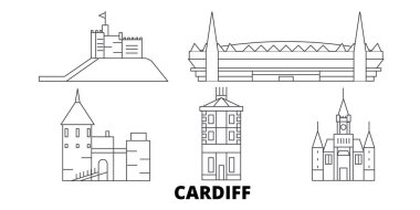 Birleşik Krallık, Cardiff hat seyahat silüeti seti. Birleşik Krallık, Cardiff anahat şehir vektör illüstrasyon, sembol, seyahat sights, Simgesel yapılar.
